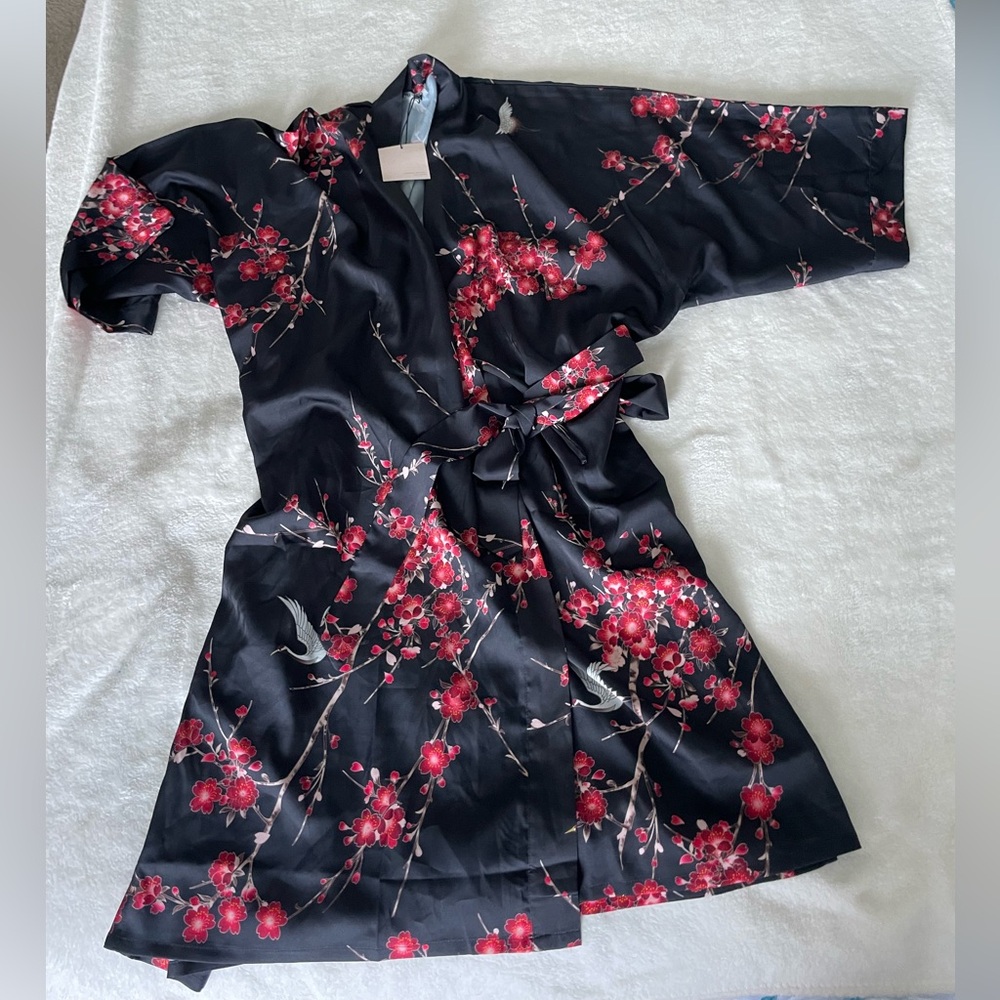 Kim + One Black Floral Cherry Blossom & Crane Robe - Picture 5 of 11